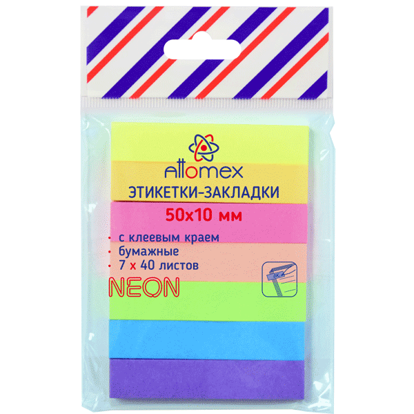 Закладки бумажные с липким слоем "Attomex", 50x10 мм, 7x40 листов, офсет 75 г/м2, 7 неоновых цветов, арт.