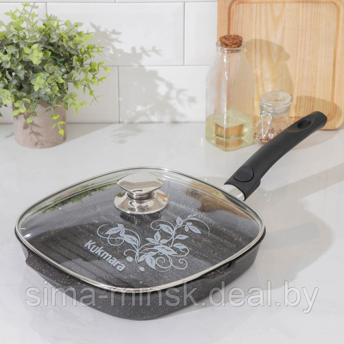 Сковорода-гриль Granit ultra, 26×26 см, съёмная ручка, стеклянная крышка, антипригарное покрытие, цвет чёрный - фото 1 - id-p225126278