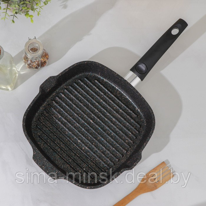 Сковорода-гриль Granit ultra, 26×26 см, съёмная ручка, стеклянная крышка, антипригарное покрытие, цвет чёрный - фото 2 - id-p225126278