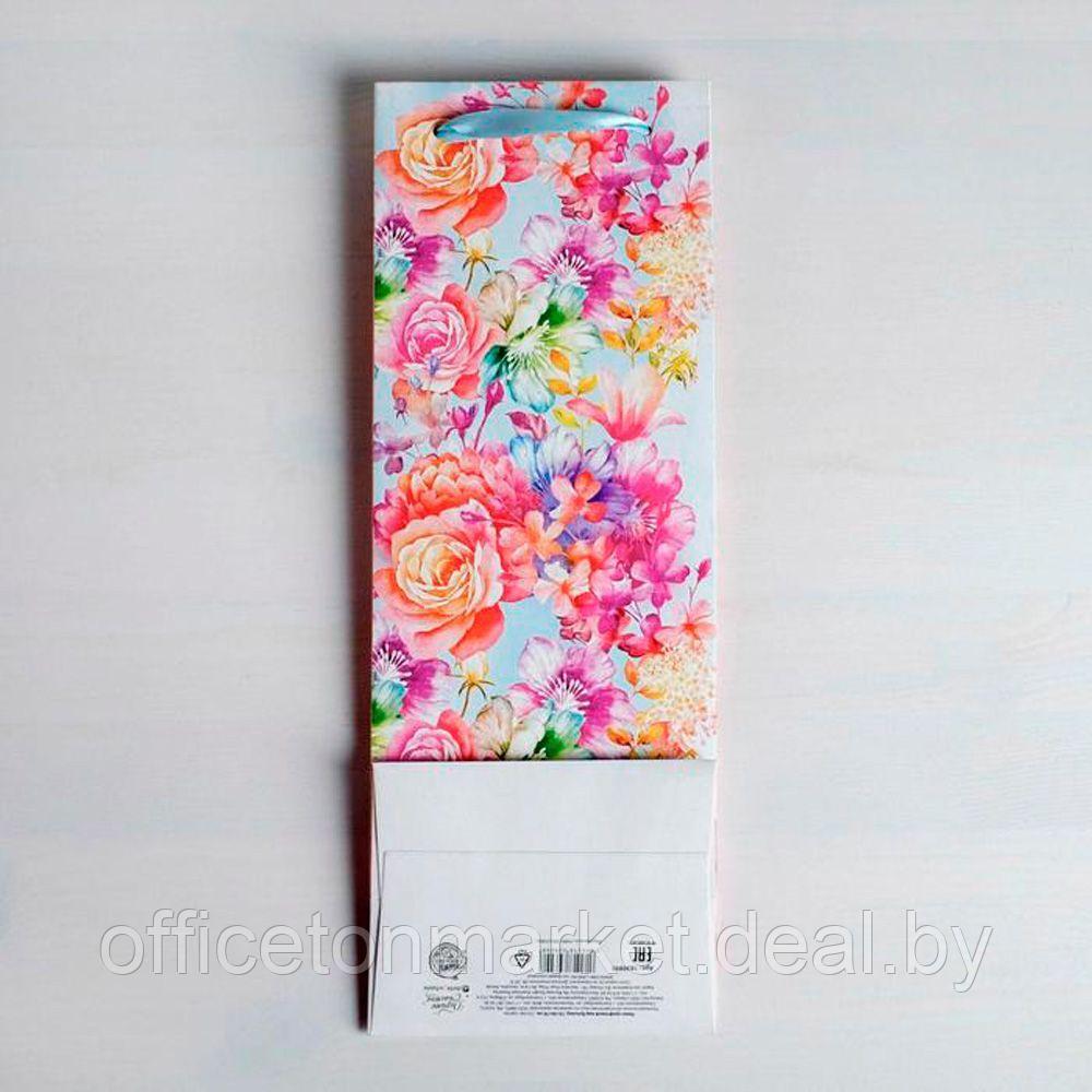 Пакет бумажный подарочный "Цветы и бабочки" для бутылки, 13x36x10 см, разноцветный - фото 3 - id-p225129014