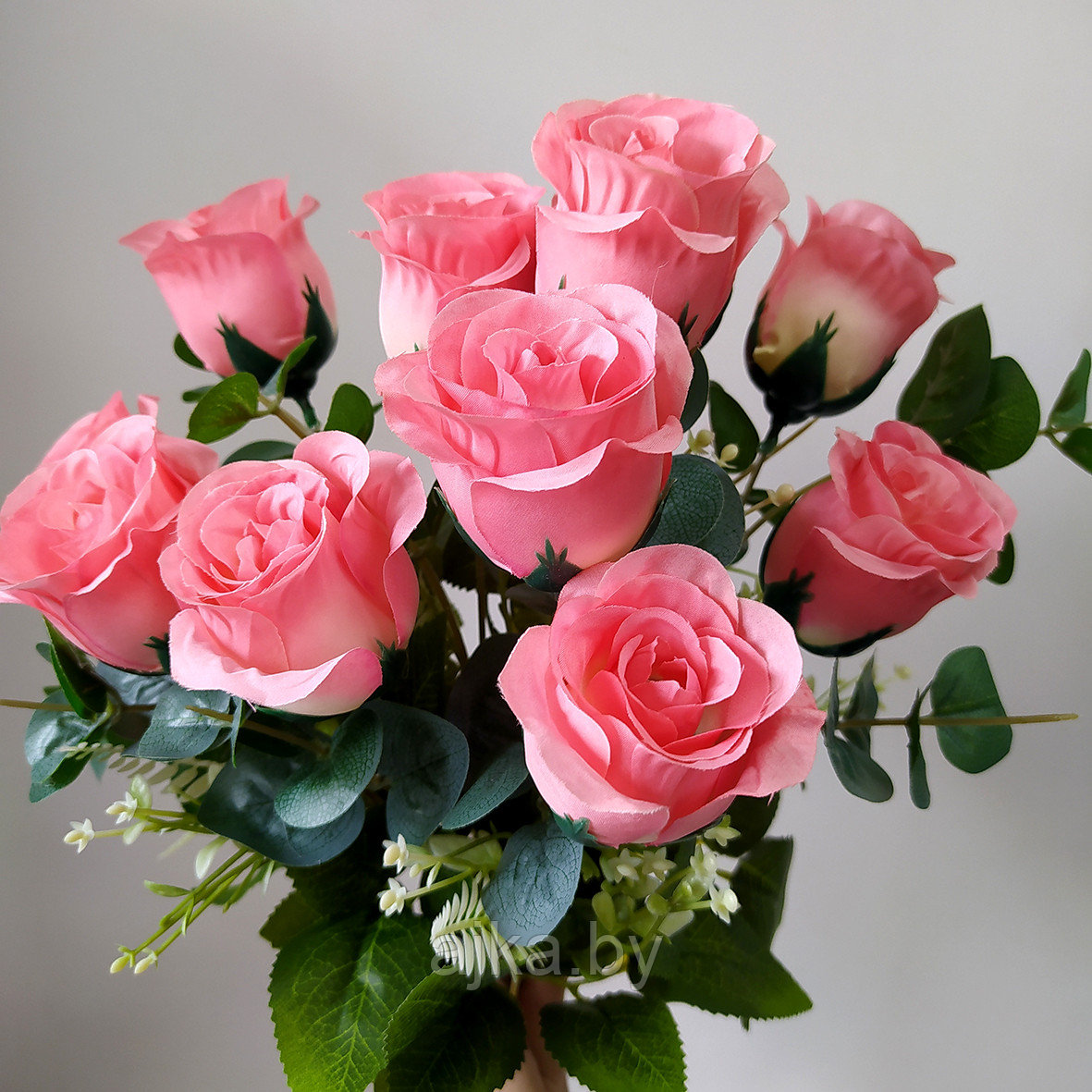 Букет из искусственных роз с эвкалиптом 50 см, розовый - фото 1 - id-p225141238