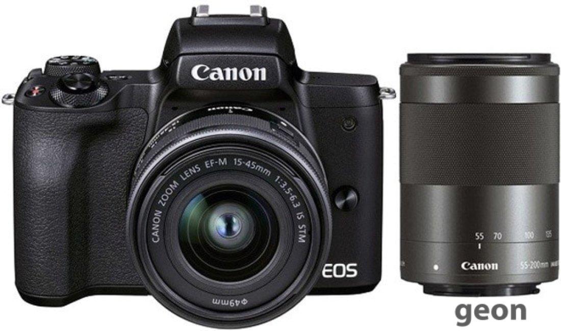 Беззеркальный фотоаппарат Canon EOS M50 Mark II Double Kit 15-45mm + 55-200mm (черный) - фото 1 - id-p225148597