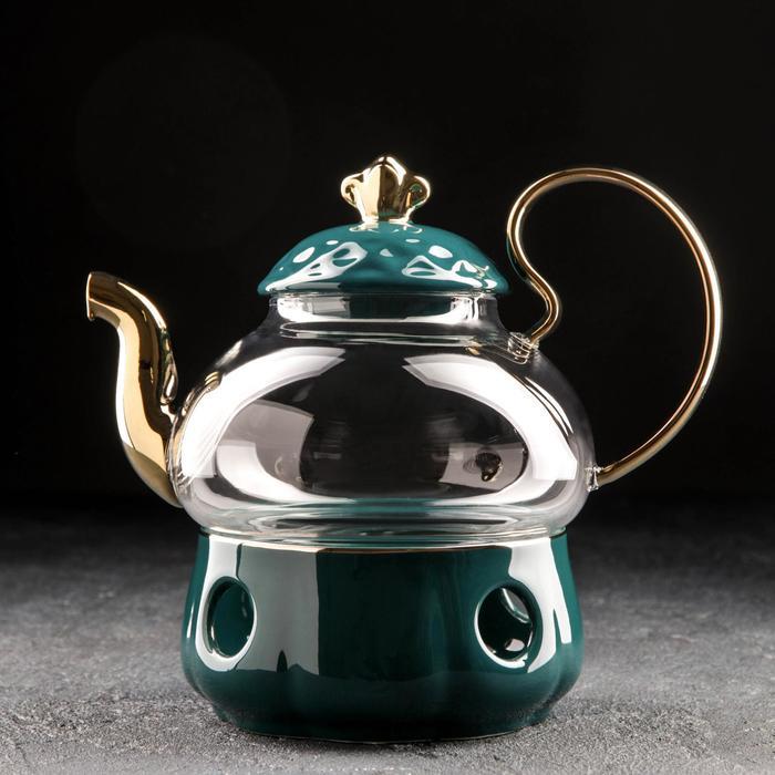Чайник стеклянный заварочный с металлическим ситом и подставкой для подогрева «Элегия», 600 мл, цвет - фото 1 - id-p225152581