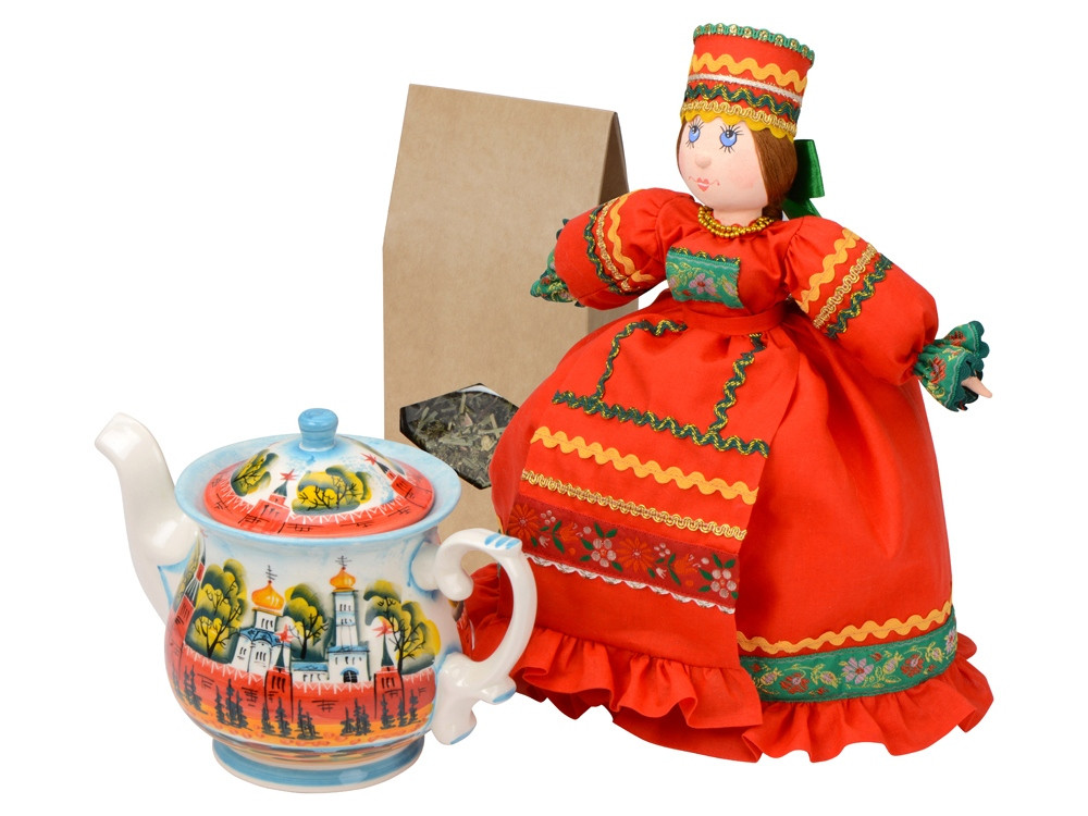 Набор Кремлевский: кукла на чайник, чайник заварной с росписью, чай травяной - фото 1 - id-p225153720