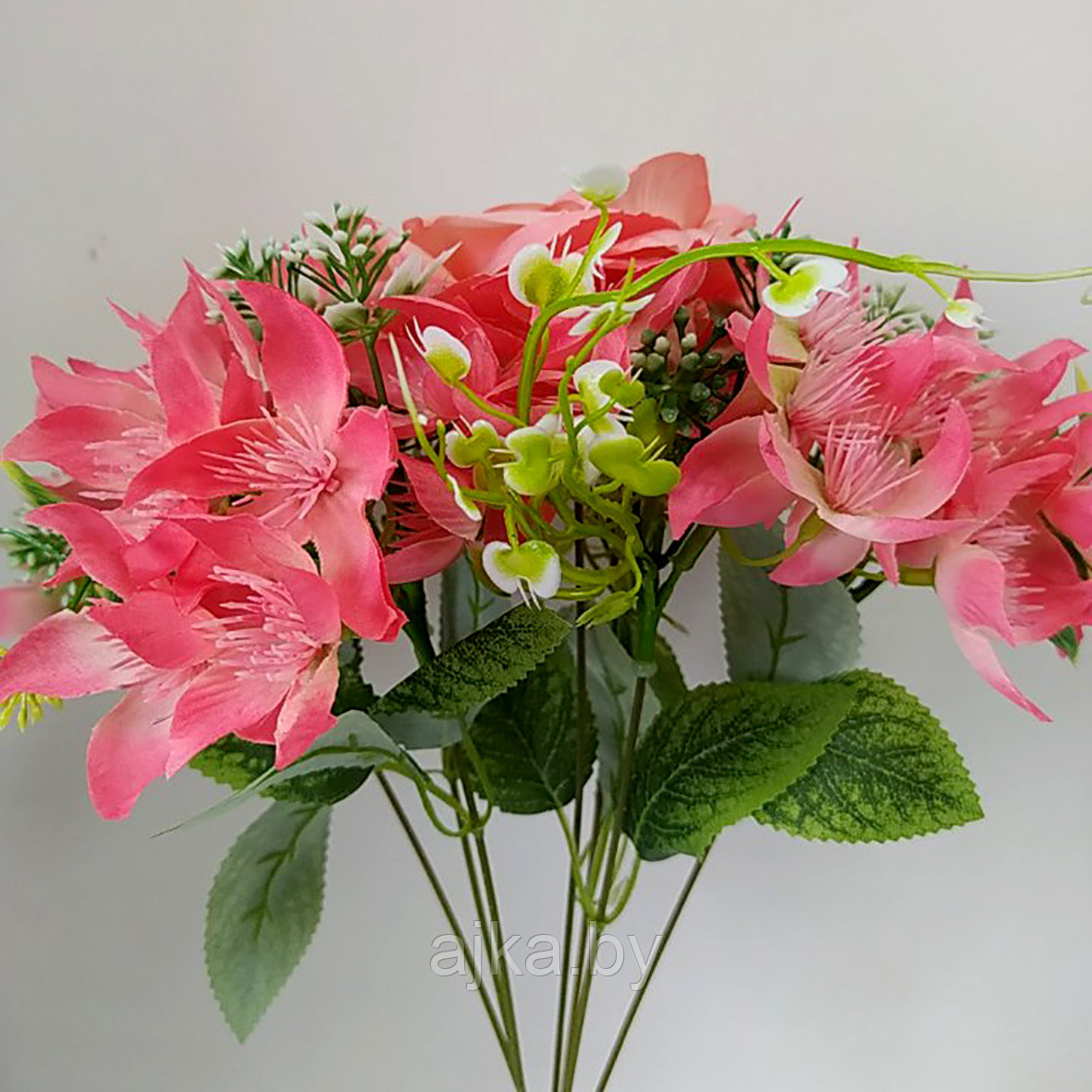 Букет декоративный с розой 7 голов 40 см, розовый - фото 2 - id-p225171228