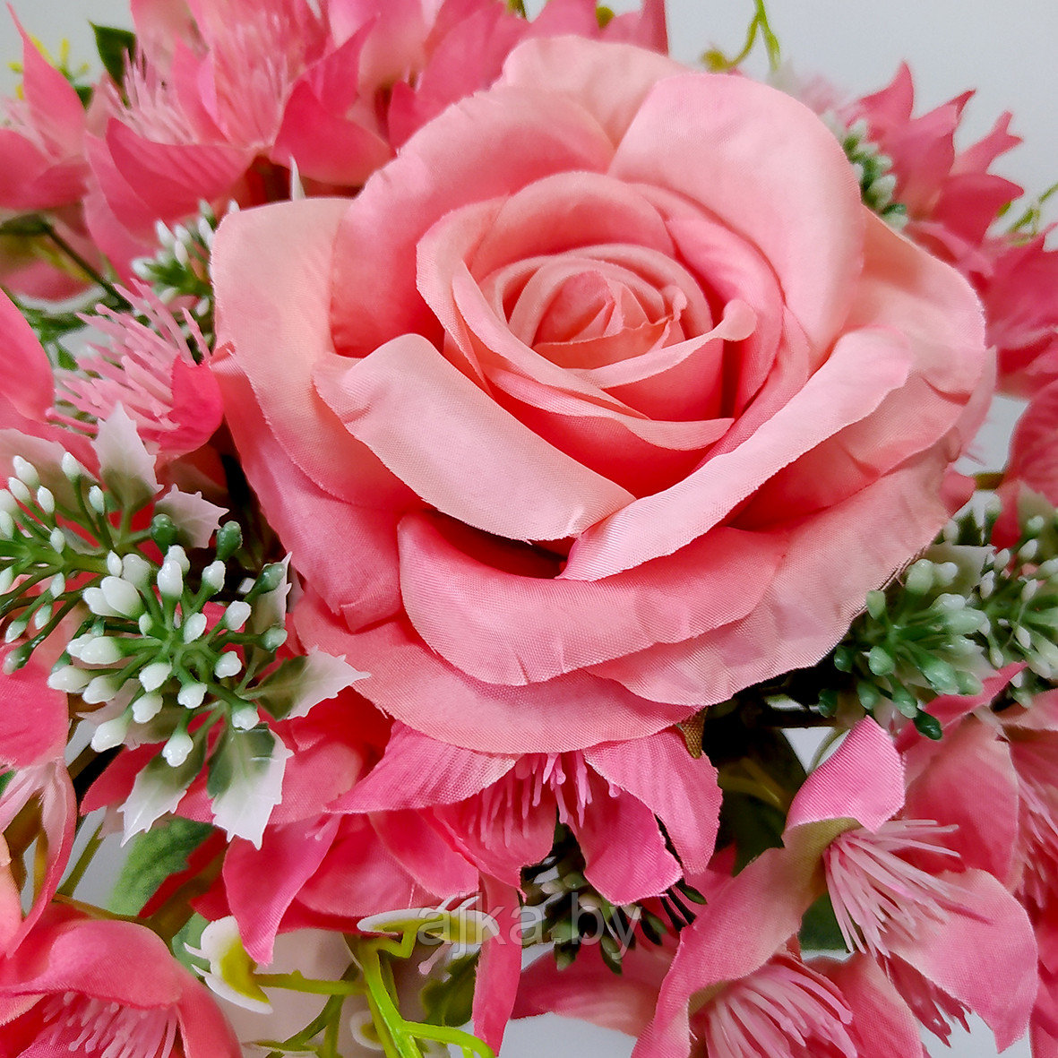 Букет декоративный с розой 7 голов 40 см, розовый - фото 5 - id-p225171228