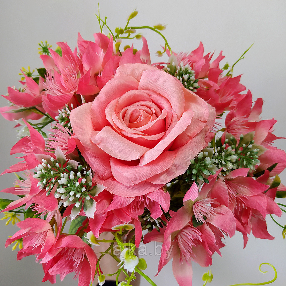 Букет декоративный с розой 7 голов 40 см, розовый - фото 1 - id-p225171228