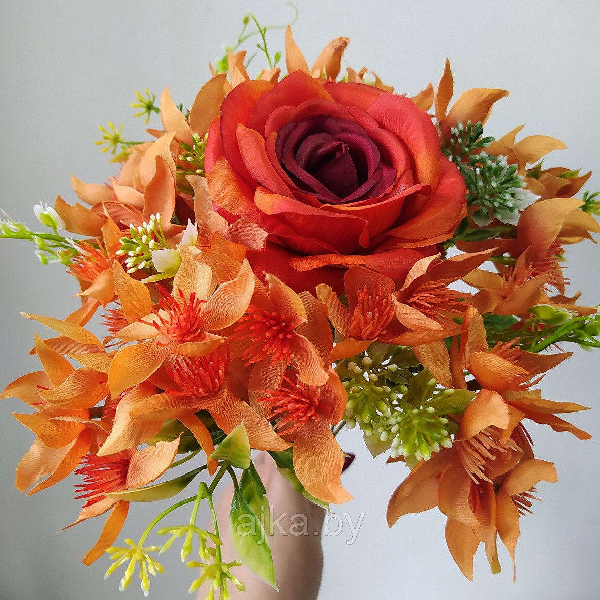 Букет декоративный с розой 7 голов 40 см, оранжевый - фото 3 - id-p225171364