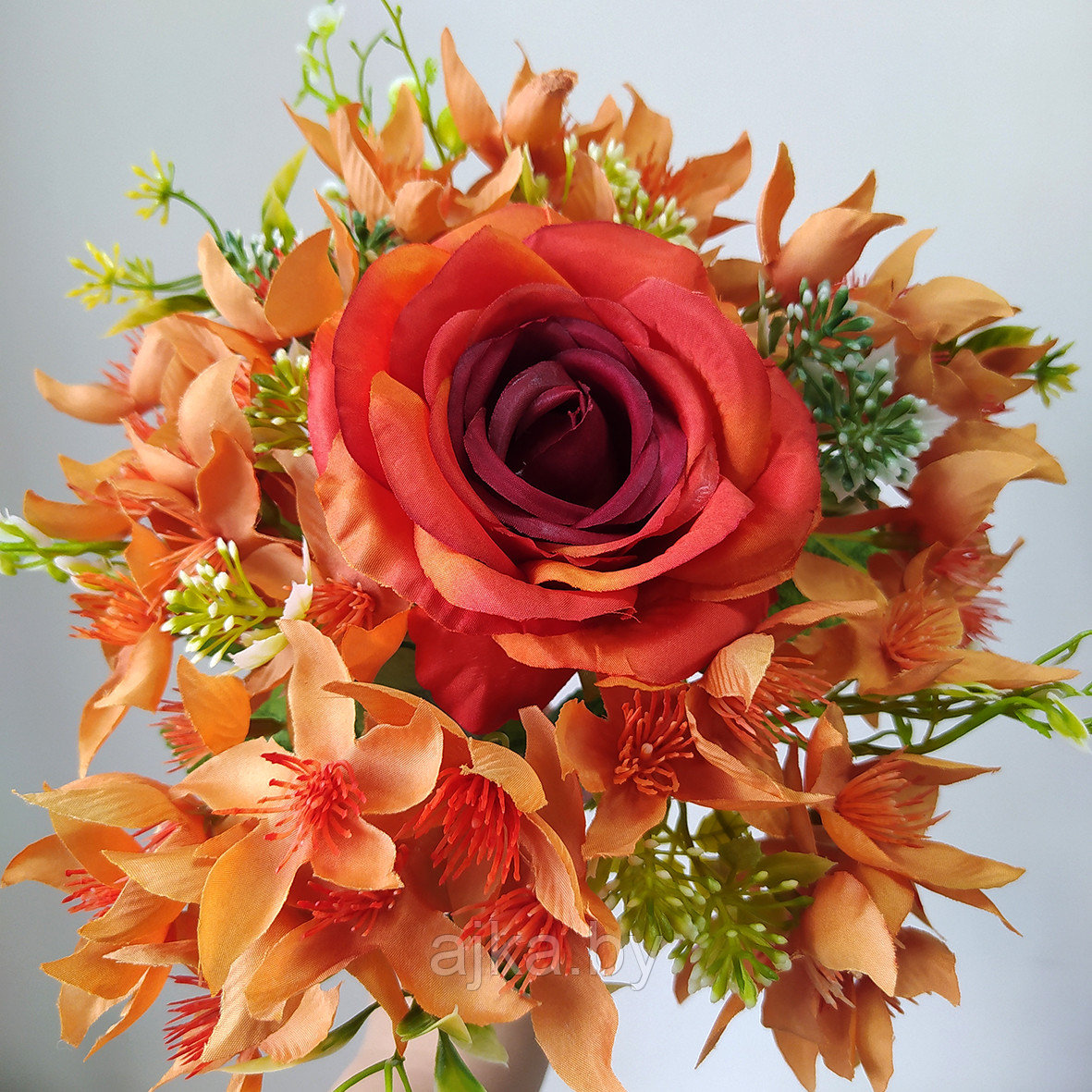 Букет декоративный с розой 7 голов 40 см, оранжевый - фото 1 - id-p225171364