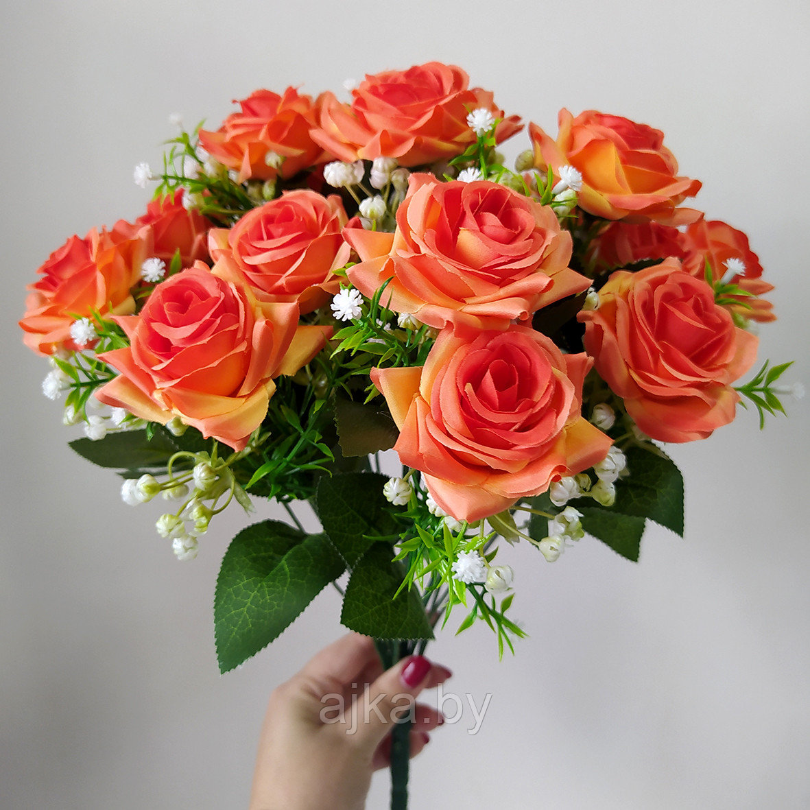 Букет из искусственных роз с гипсофилой 18 голов, оранжевый - фото 6 - id-p225172095