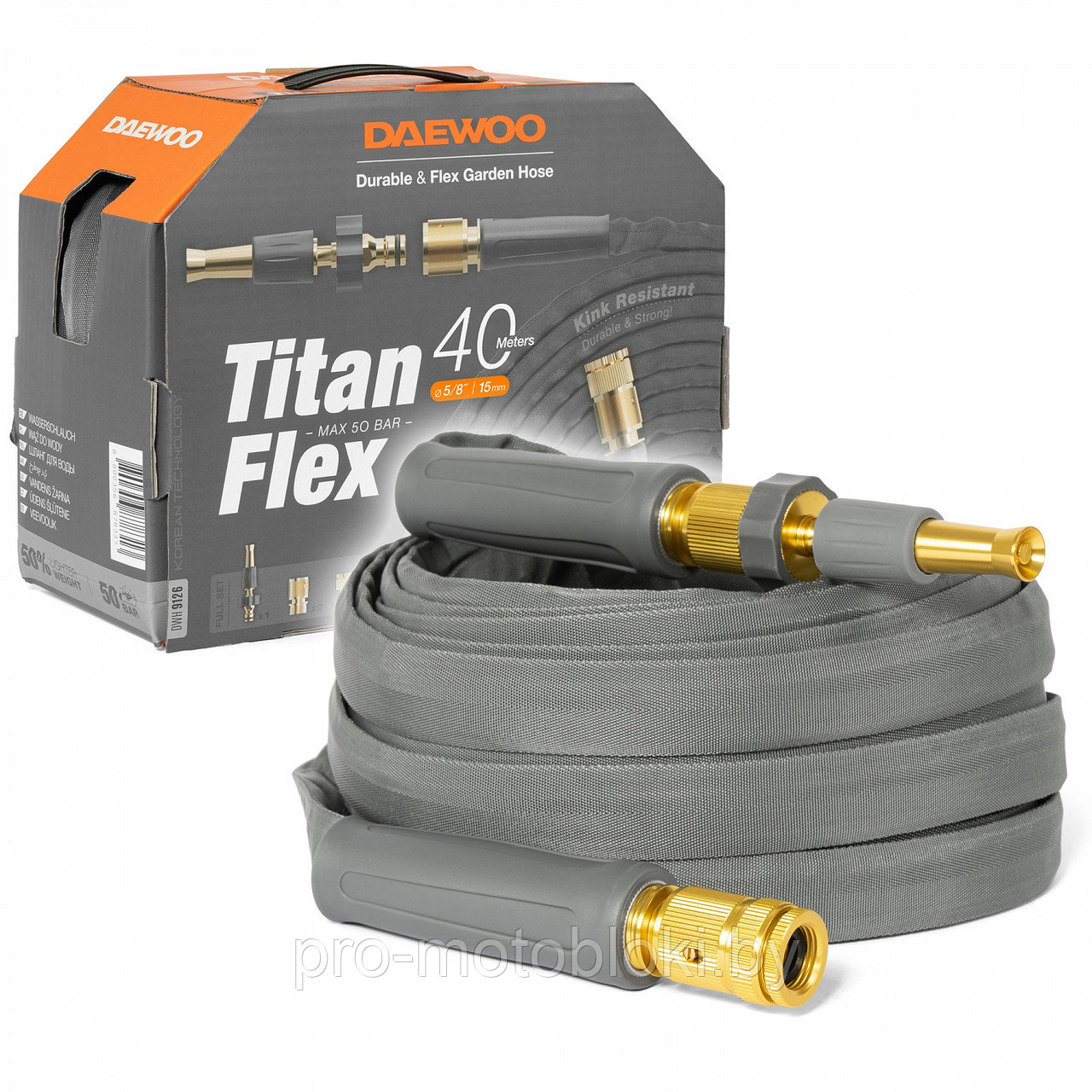 Шланг DAEWOO TitanFlex 40м, 5/8 " (15мм) с комплектом для полива