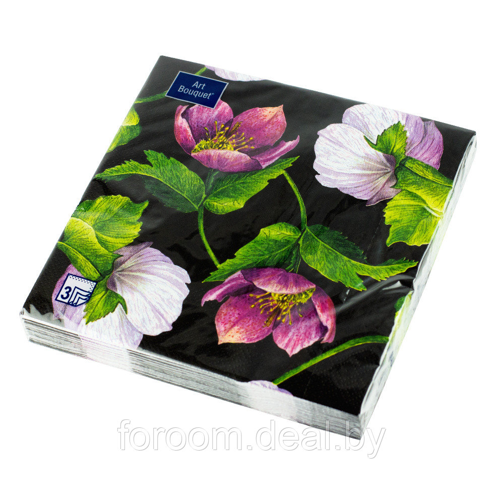 Салфетки бумажные "Декоративный цветок на чёрном" 33x33см, 3 слоя, 20шт. Bouquet Art 57162 - фото 1 - id-p225188840