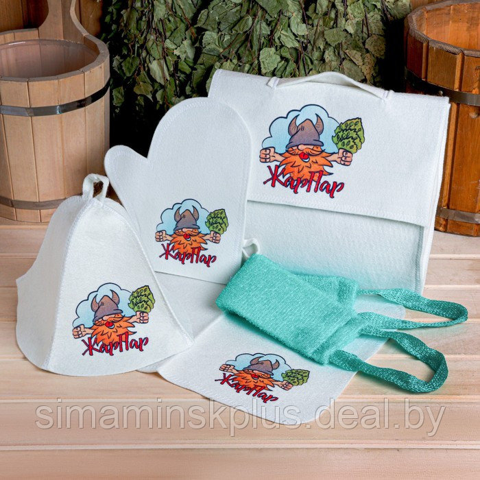 Набор для бани и сауны 5 в 1(сумка,шапка,варежка,коврик,мочалка),с принтом "Жар Пар",белый - фото 1 - id-p225191333
