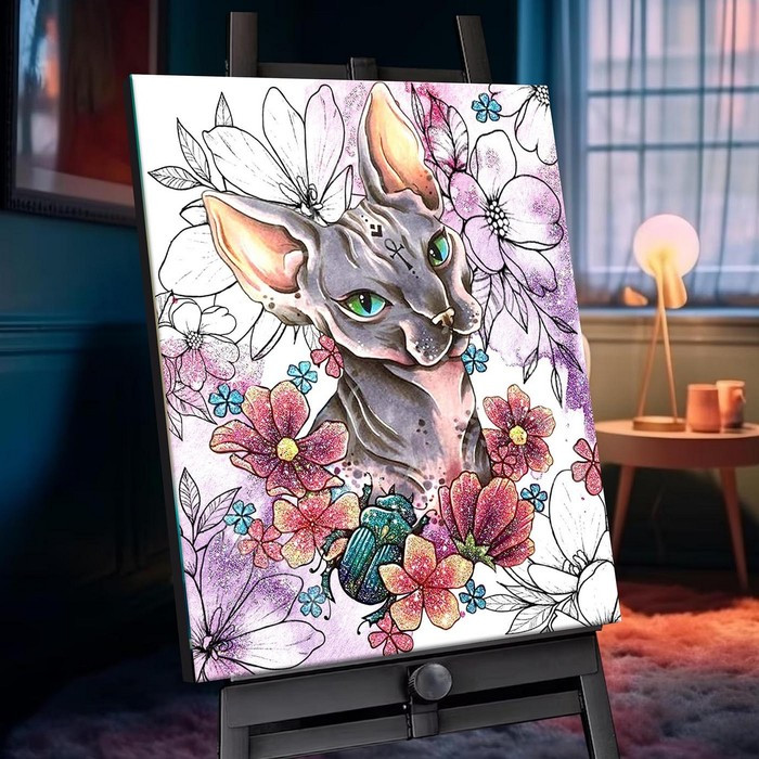 Картина по номерам с кристаллами из хрусталя «Сфинкс с цветами» 26 цветов, 40 × 50 см - фото 1 - id-p225198112