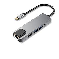 Bion Мульти переходник USB Type-C - USB Type-C/2*USB-A 3.0/HDMI/RJ-45 1000мб/с, 60W, алюминиевый корпус,