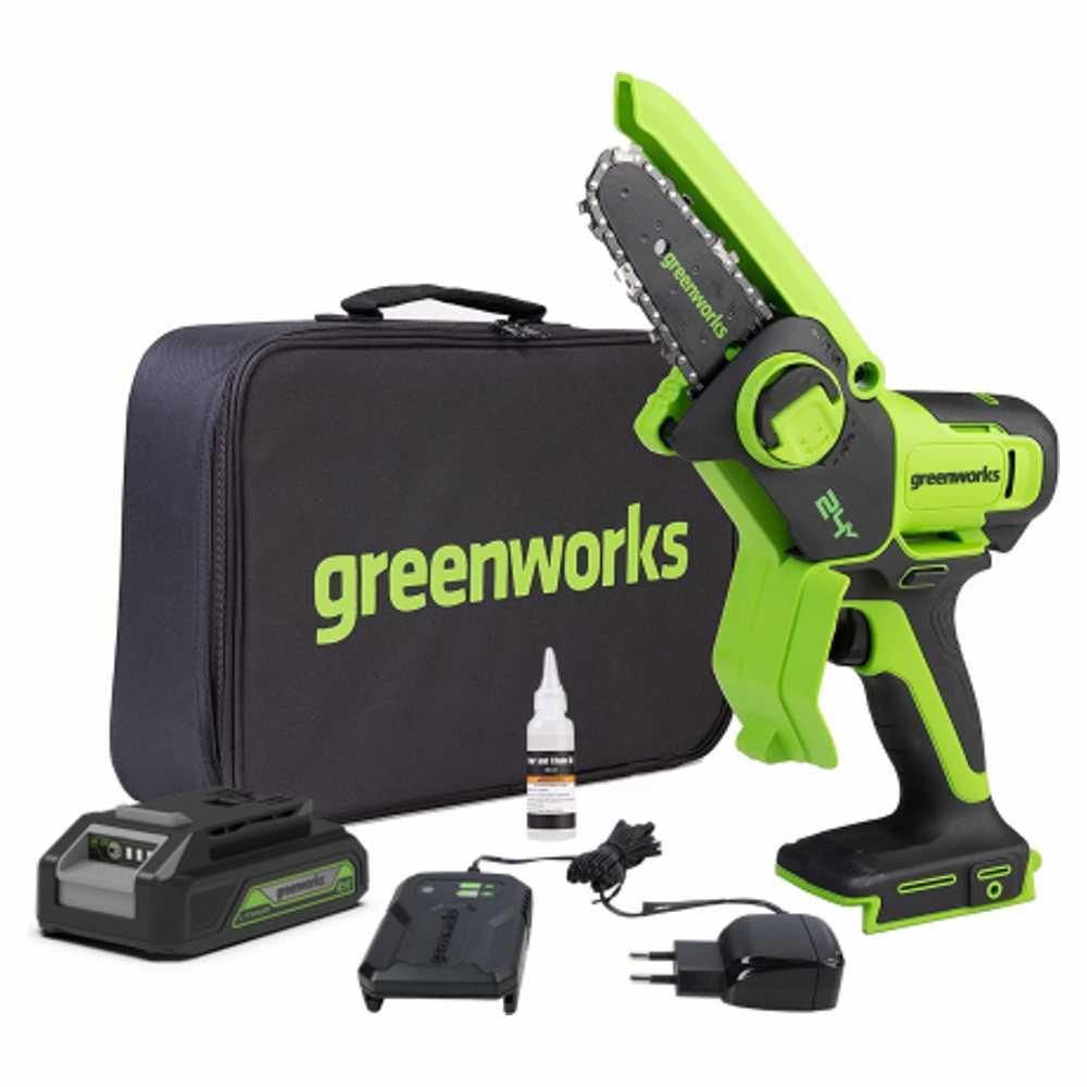 Мини-Пила аккумуляторная цепная GreenWorks G24MCS10K2 (1хАКБ 2Ач и ЗУ)