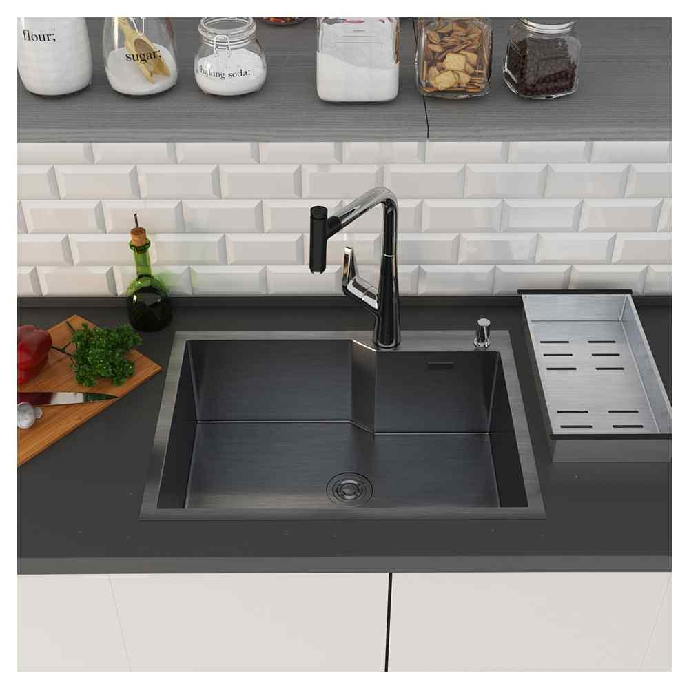 Кухонная мойка Roxen Wellnes 60 PVD (графит) с коландером и дозатором - фото 3 - id-p225204229