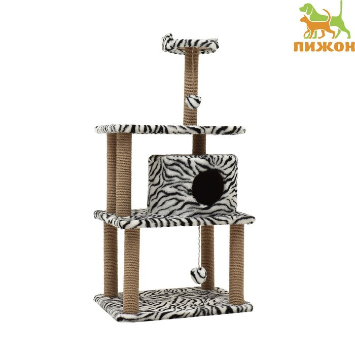 Домик для кошек с когтеточкой, круглый с игрушками, 65 х50 х 130 см, зебра - фото 1 - id-p225208704