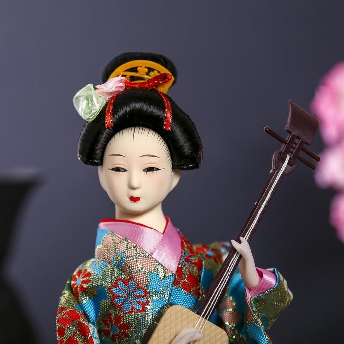 Кукла коллекционная "Гейша в цветочном кимоно с музыкальным инструментом" 30 см - фото 5 - id-p225237812