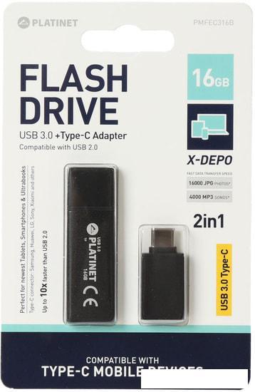 USB Flash Platinet X-Depo USB 3.0 + Type-C Adapter 16GB (черный) - фото 4 - id-p224978285