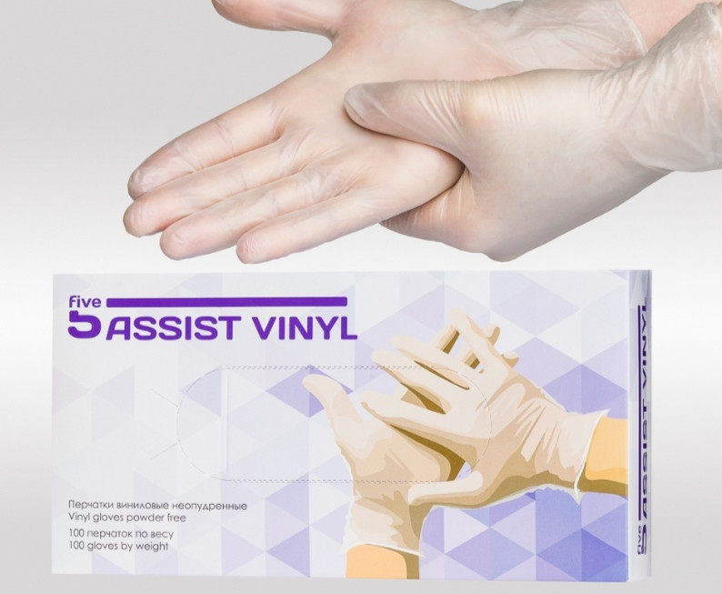 Перчатки виниловые неопудренные однократного применения 5Assist Vinyl (р-р L) 100шт/уп - фото 1 - id-p166309428