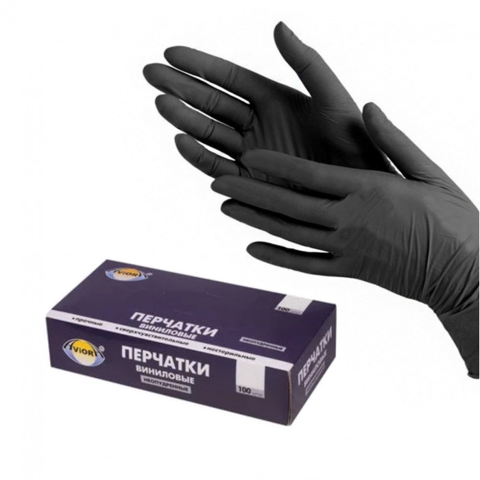 Перчатки виниловые, черные, неопудренные, одноразовые, размер L, 100 шт. в упаковке, AVIORA - фото 1 - id-p218061726