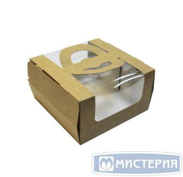 Коробка для торта 180х180х100 мм, с окном, неразъем.крышка, с ручк., крафт, карт., 150 шт/упак. - фото 1 - id-p208994826