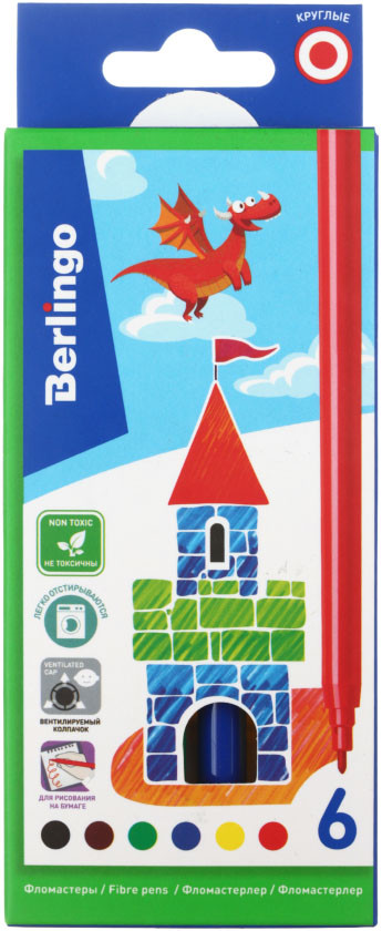 Фломастеры Berlingo смываемые «Замки» 6 цветов, толщина линии 1-2 мм, вентилируемый колпачок - фото 1 - id-p225286040