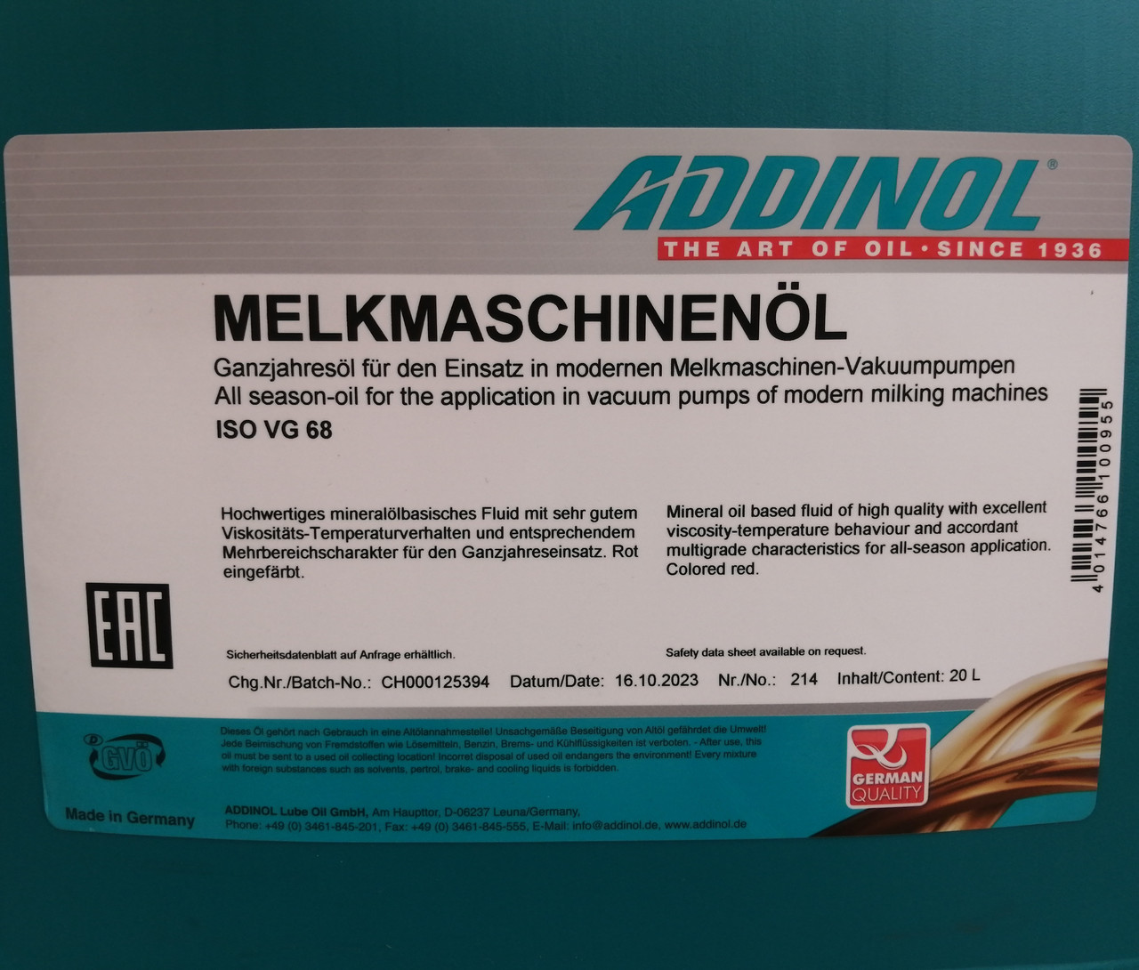 VG 68 Вакуумное масло ADDINOL Melkmaschinenöl, 20л. - фото 2 - id-p180528756