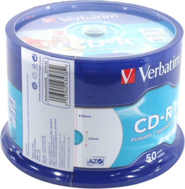 Диск CD-R Verbatim 700Mb 52x sp. уп.50 шт на шпинделе printable 43309/43438 - фото 1 - id-p225365176