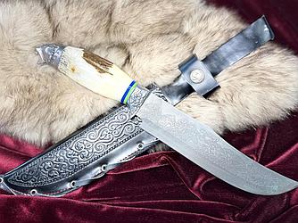 Охотничий нож с Головой Зверя (Тигр), рукоять из белого рога Сайгака, с чехлом