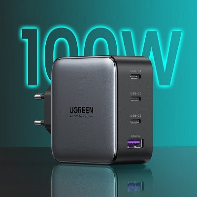 Сетевое зарядное устройство UGREEN CD226-40747, USB-A + 3*USB-C, 100W GaN Tech, черное - фото 2 - id-p225399295