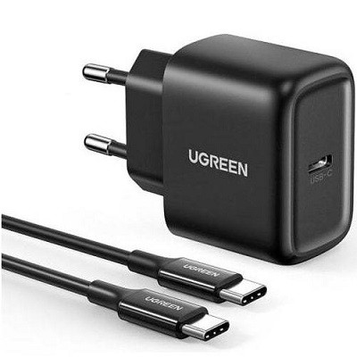 Сетевое зарядное устройство UGREEN CD250-50581, 1 USB-C, PD 25W, кабель Type-C - Type-C 2m, черное - фото 1 - id-p225399299