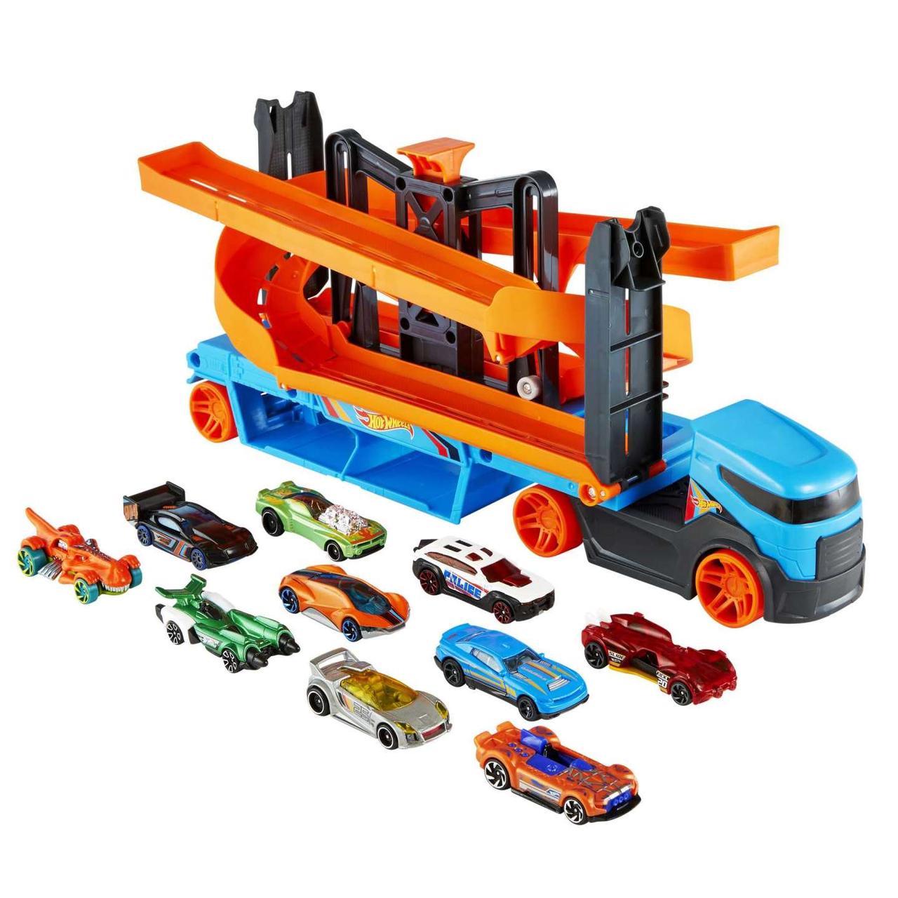 Планета Игрушек Хот вилс набор Hot Wheels Lift & Launch Hauler + 10 машинок_HJJ76