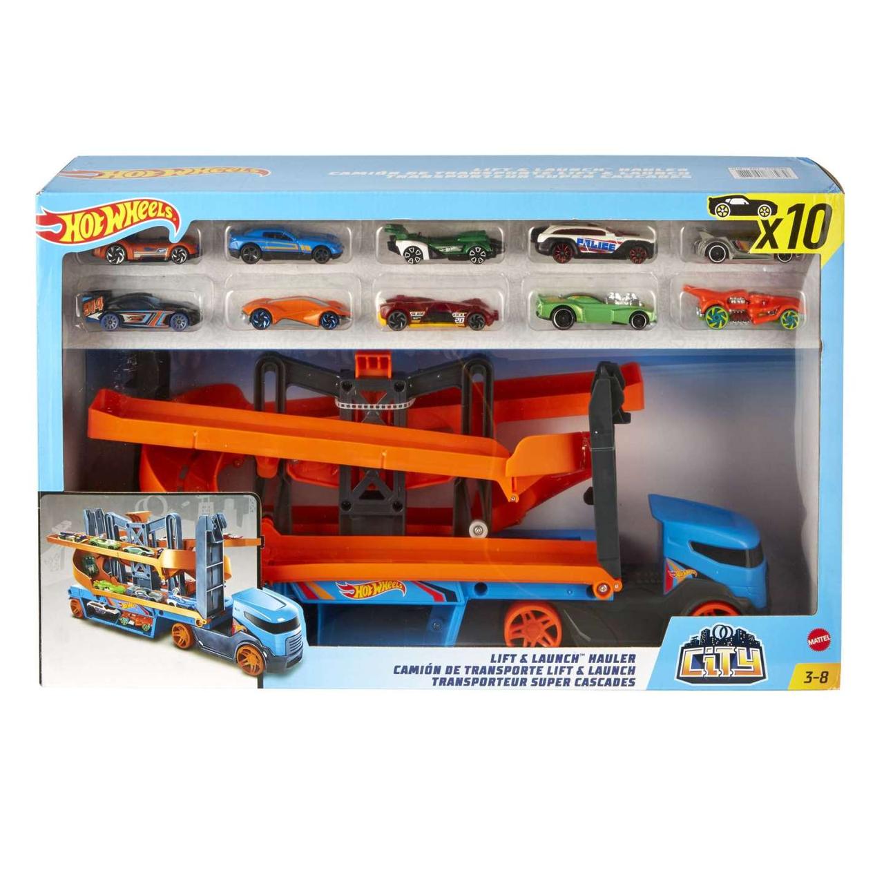 Планета Игрушек Хот вилс набор Hot Wheels Lift & Launch Hauler + 10 машинок_HJJ76 - фото 4 - id-p225410112