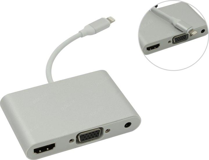 Конвертер Кабель-переходник Lightning -- HDMI(F)+VGA(15F)+AUX (питание USB micro-B) - фото 1 - id-p225424019