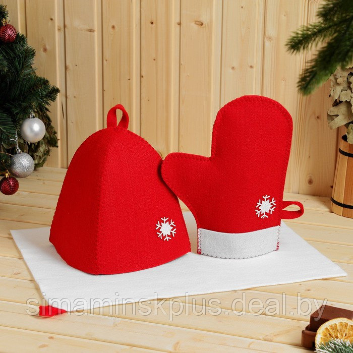 Набор банный подарочный "Зимушка" ( коврик, рукавица, шапка), войлок, красная - фото 1 - id-p225429128