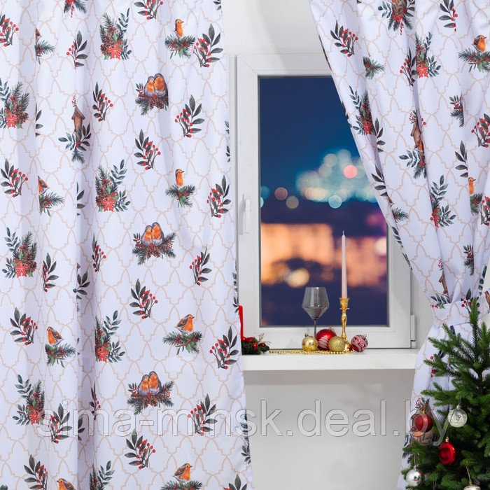 Новогодний комплект штор для кухни с подхватами "Beautiful birds" 145х180см-2 шт., габардин - фото 3 - id-p225431982