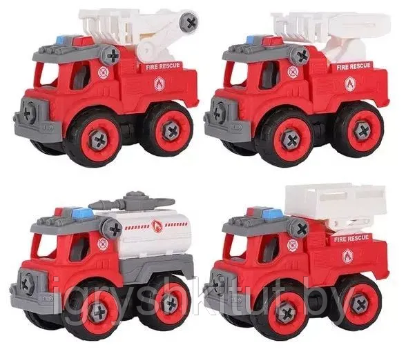 Набор разборных машинок "Пожарная Спецтехника" (4 штуки) с отвёрткой - фото 1 - id-p225433519
