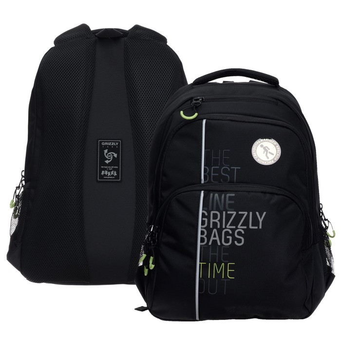 Рюкзак молодёжный Grizzly, 45 х 32 х 23 см, эргономичная спинка, чёрный, салатовый - фото 1 - id-p225434138