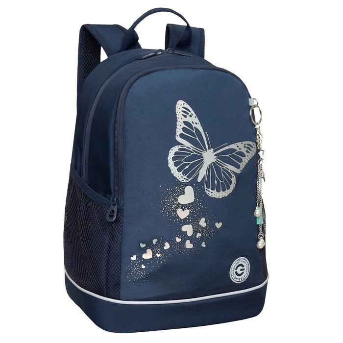 Рюкзак школьный, 38 х 28 х 18 см, Grizzly, эргономичная спинка, + брелок, синий - фото 1 - id-p225434212