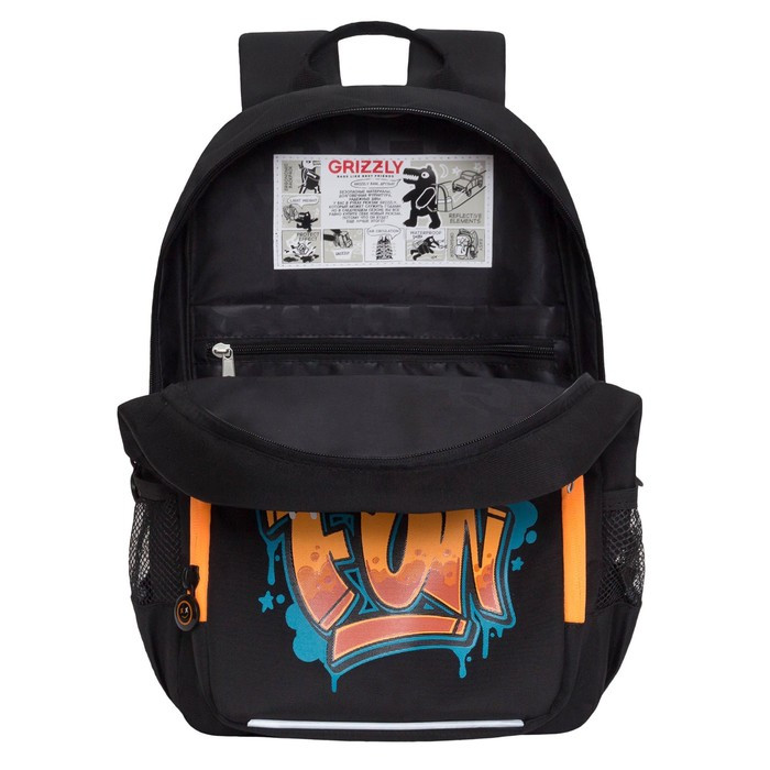 Рюкзак школьный, 40 х 25 х 13 см, Grizzly, эргономичная спинка, отделение для ноутбука, чёрный/оранжевый - фото 3 - id-p225434225
