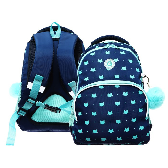 Рюкзак школьный, 40 х 27 х 20 см, Grizzly 360, эргономичная спинка, отделение для ноутбука, синий/зелёный - фото 1 - id-p225434235