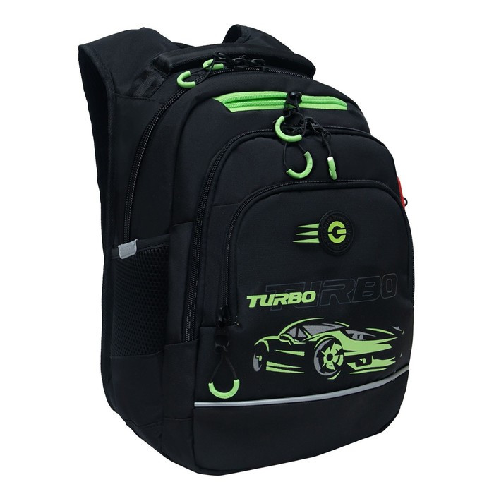 Рюкзак школьный, 40 х 25 х 22 см, Grizzly, эргономичная спинка, отделение для ноутбука, чёрный/зелёный - фото 1 - id-p225434272