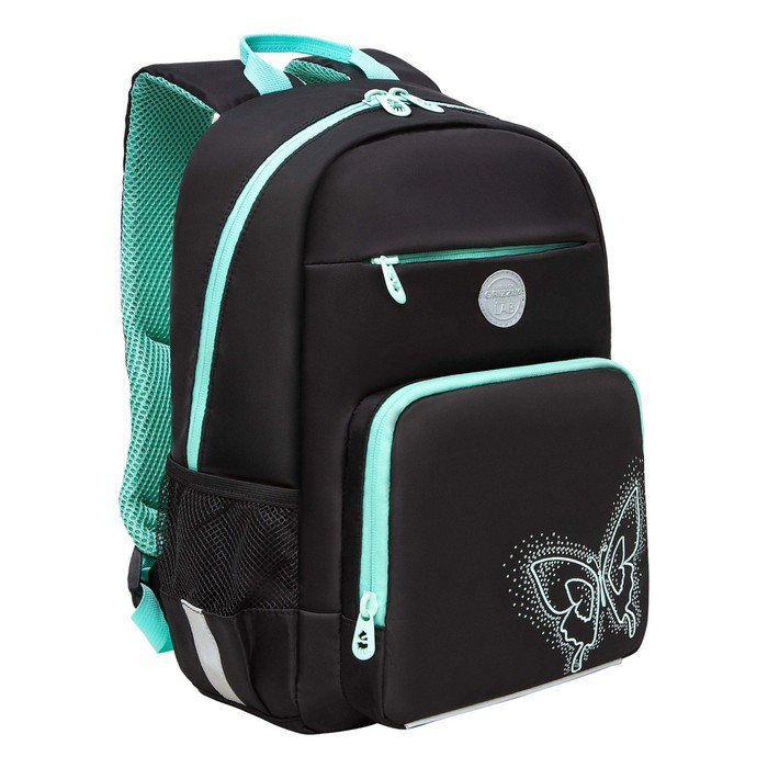 Рюкзак школьный, 40 х 25 х 13 см, Grizzly, эргономичная спинка, отделение для ноутбука, чёрный/бирюзовый - фото 1 - id-p225434597