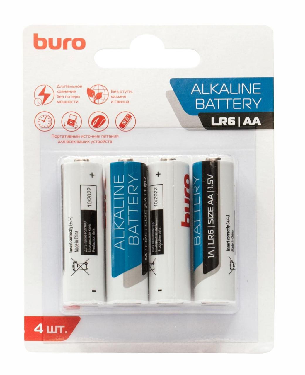 Батарея Buro Alkaline LR6 AA (4шт) блистер - фото 1 - id-p225461239