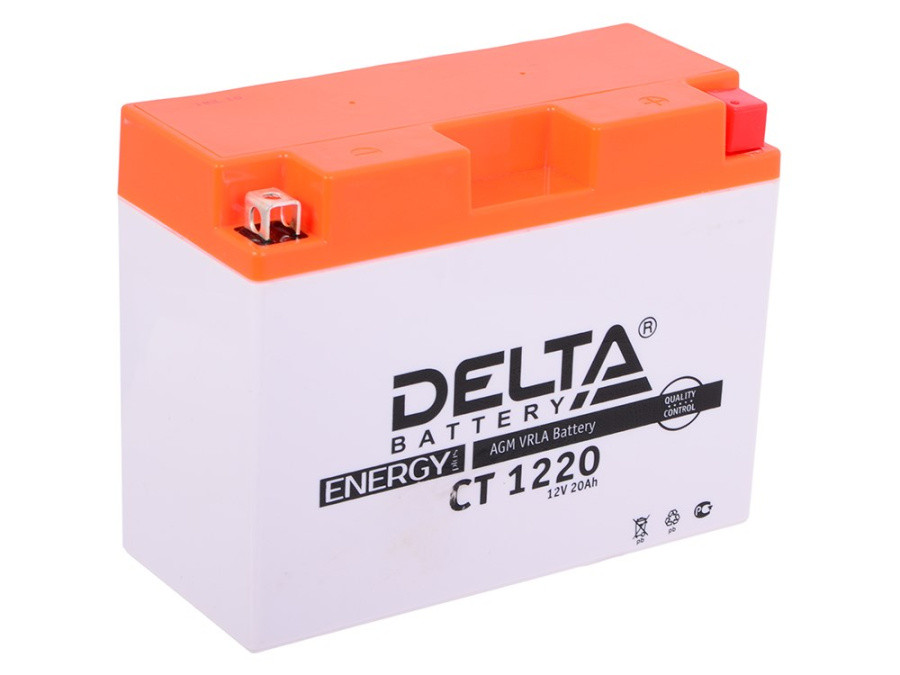 Стартерный мото аккумулятор Delta CT 1220 напряжение 12В, емкость 20Ач, клемма Болт + гайка ? 6 мм (ДхШхВ: - фото 1 - id-p225461514