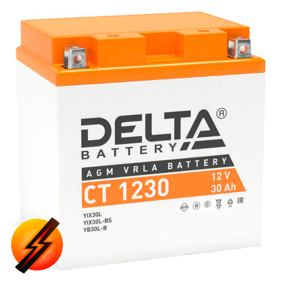 Стартерный мото аккумулятор Delta CT 1230 напряжение 12В, емкость 30Ач, клемма Болт + гайка ? 6 мм (ДхШхВ: - фото 1 - id-p225461515