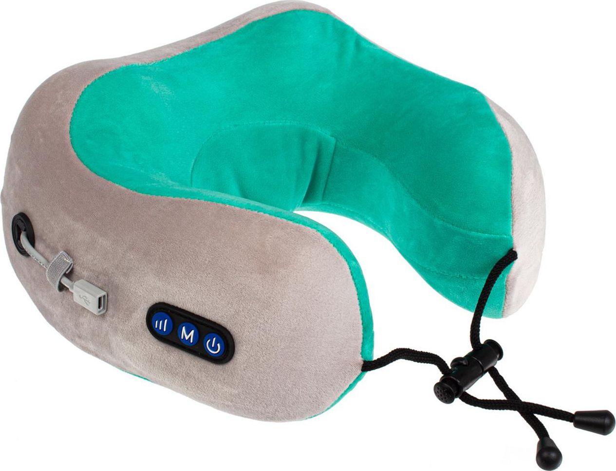 Дорожная подушка-подголовник для шеи с завязками, серо-зелёная (Massage pillow (shiatsu + vibration), green