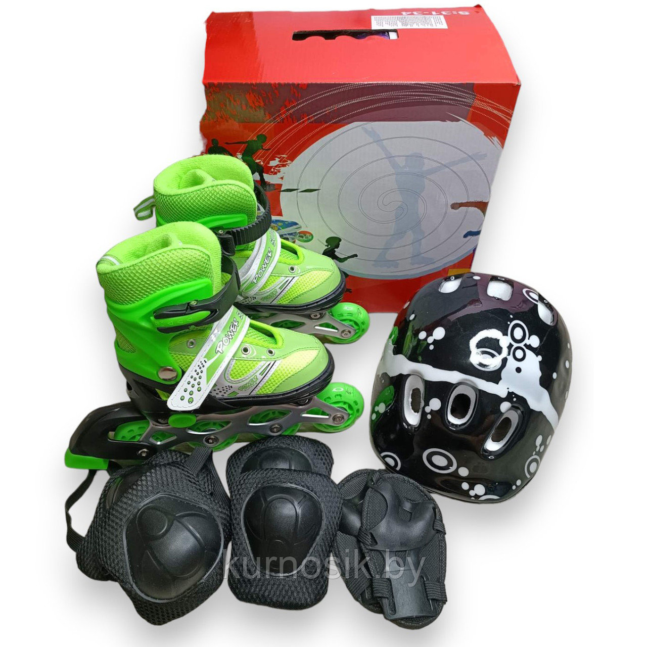 Роликовые коньки ролики раздвижные с защитой и шлемом 4002BT Зеленый - фото 1 - id-p225464295